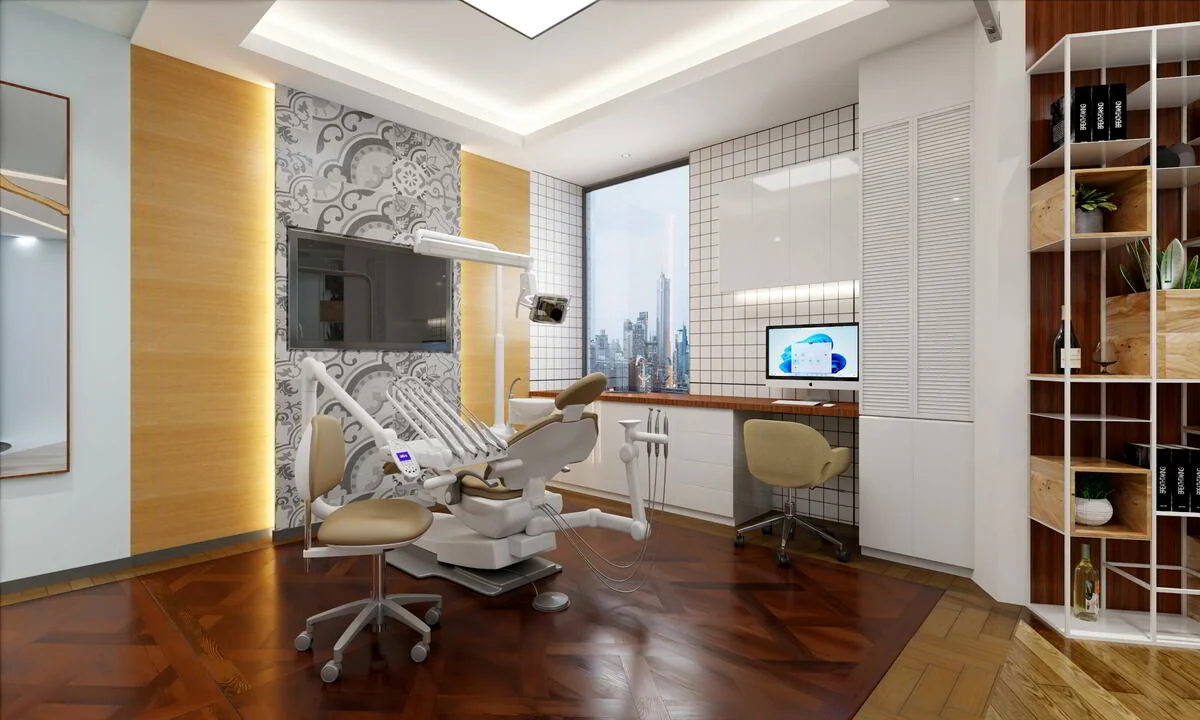 Dental chair beside a window overlooking the city