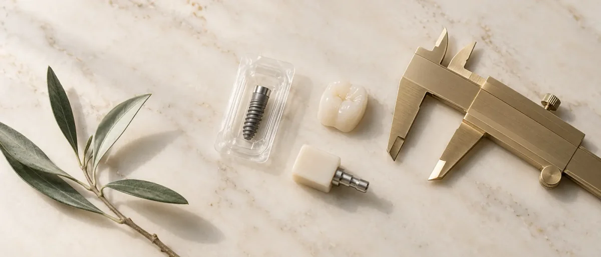 A sealed dental implant, a ceramic crown and a precision measuring tool on marble